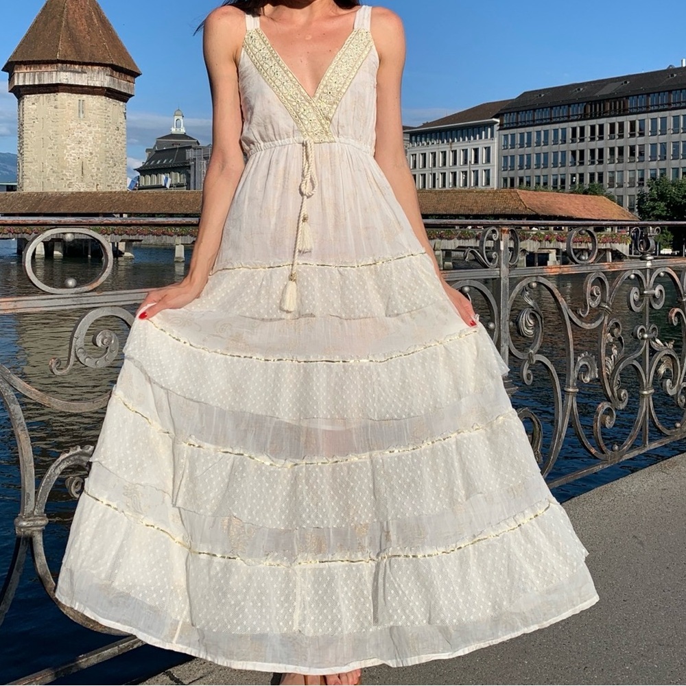 Local European Cream Maxi Dress with Gold Accents